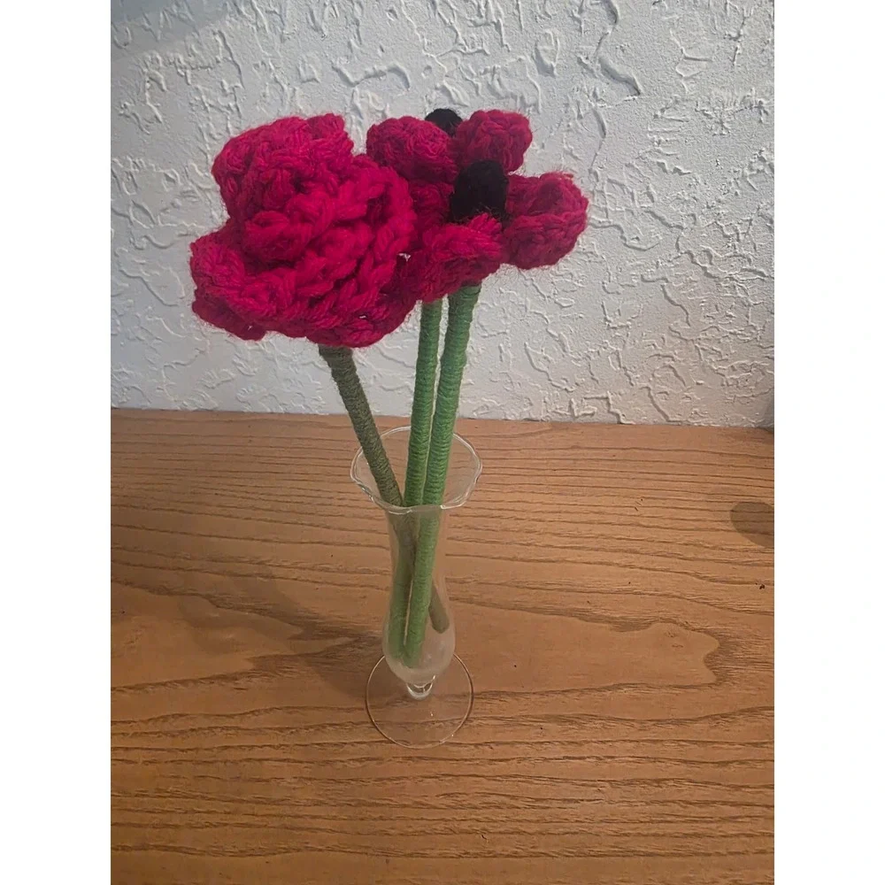 Handmade Crochet Flower Bouquet Red Rose and Poppies 3 Piece Set 9.5 Inch Stems